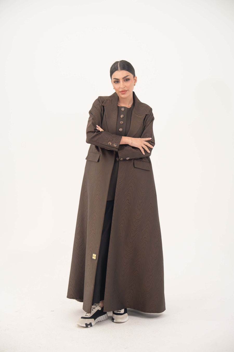 Brown jacquard blazer abaya with sharp lapels and structured tailoring for formal and professional wear