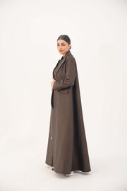 Brown jacquard blazer abaya with sharp lapels and structured tailoring for formal and professional wear