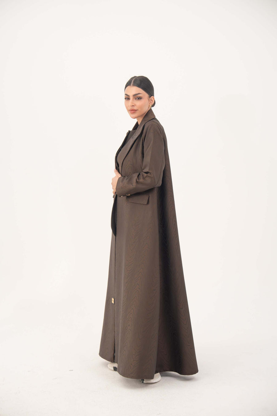 Brown jacquard blazer abaya with sharp lapels and structured tailoring for formal and professional wear