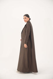 Elegant brown jacquard blazer abaya with sharp lapels and structured tailoring for formal and professional wear