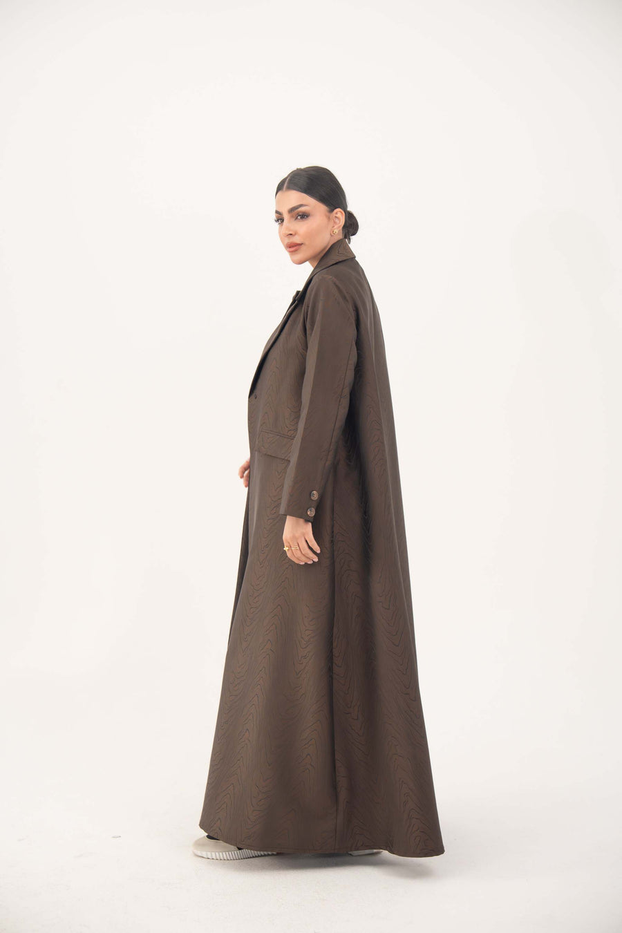 Elegant brown jacquard blazer abaya with sharp lapels and structured tailoring for formal and professional wear