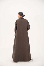 Brown jacquard blazer abaya with sharp lapels and structured tailoring for formal and professional wear.