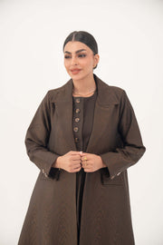 Brown jacquard blazer abaya with sharp lapels, structured tailoring, and decorative buttons, perfect for formal and professional wear