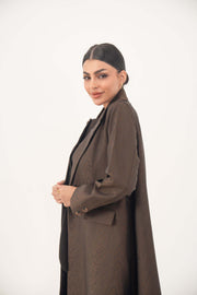 Brown jacquard blazer abaya with sharp lapels and structured tailoring for formal and professional wear