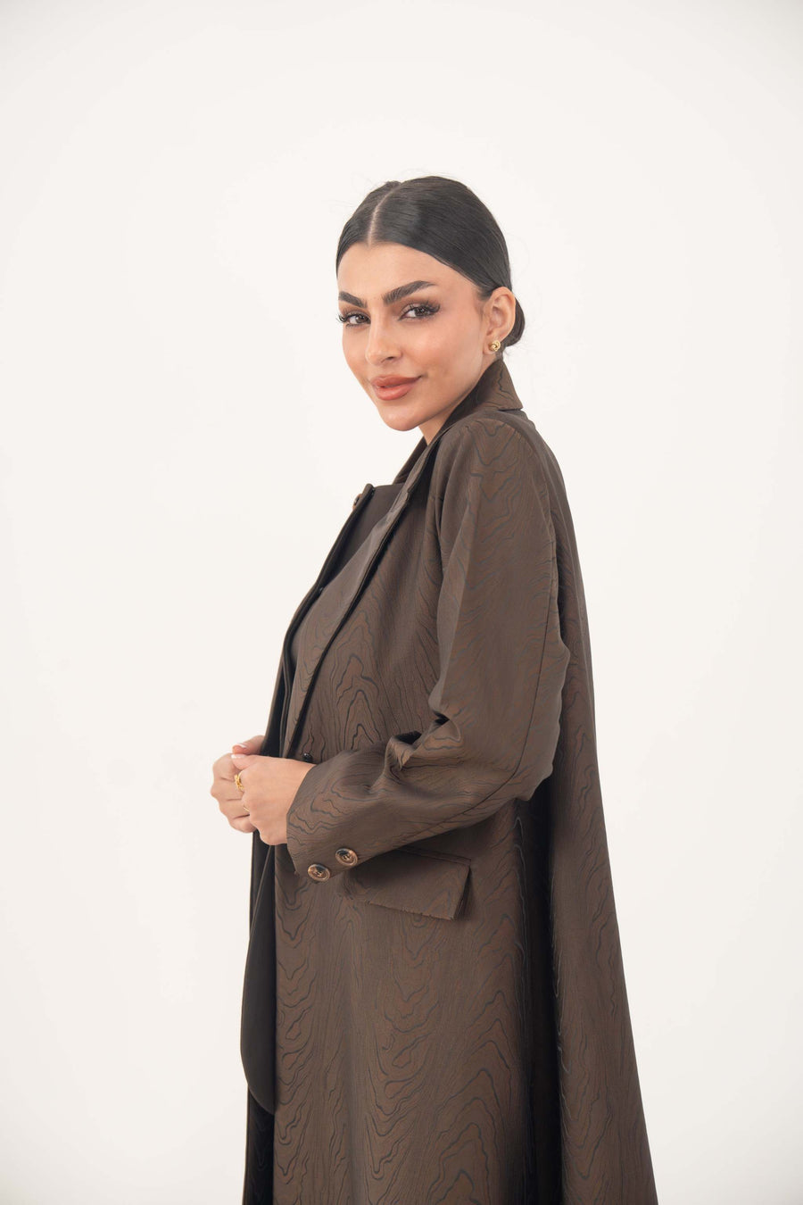 Brown jacquard blazer abaya with sharp lapels and structured tailoring for formal and professional wear