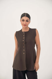 brown crepe sleeveless vest with nine front buttons and tailored modern fit