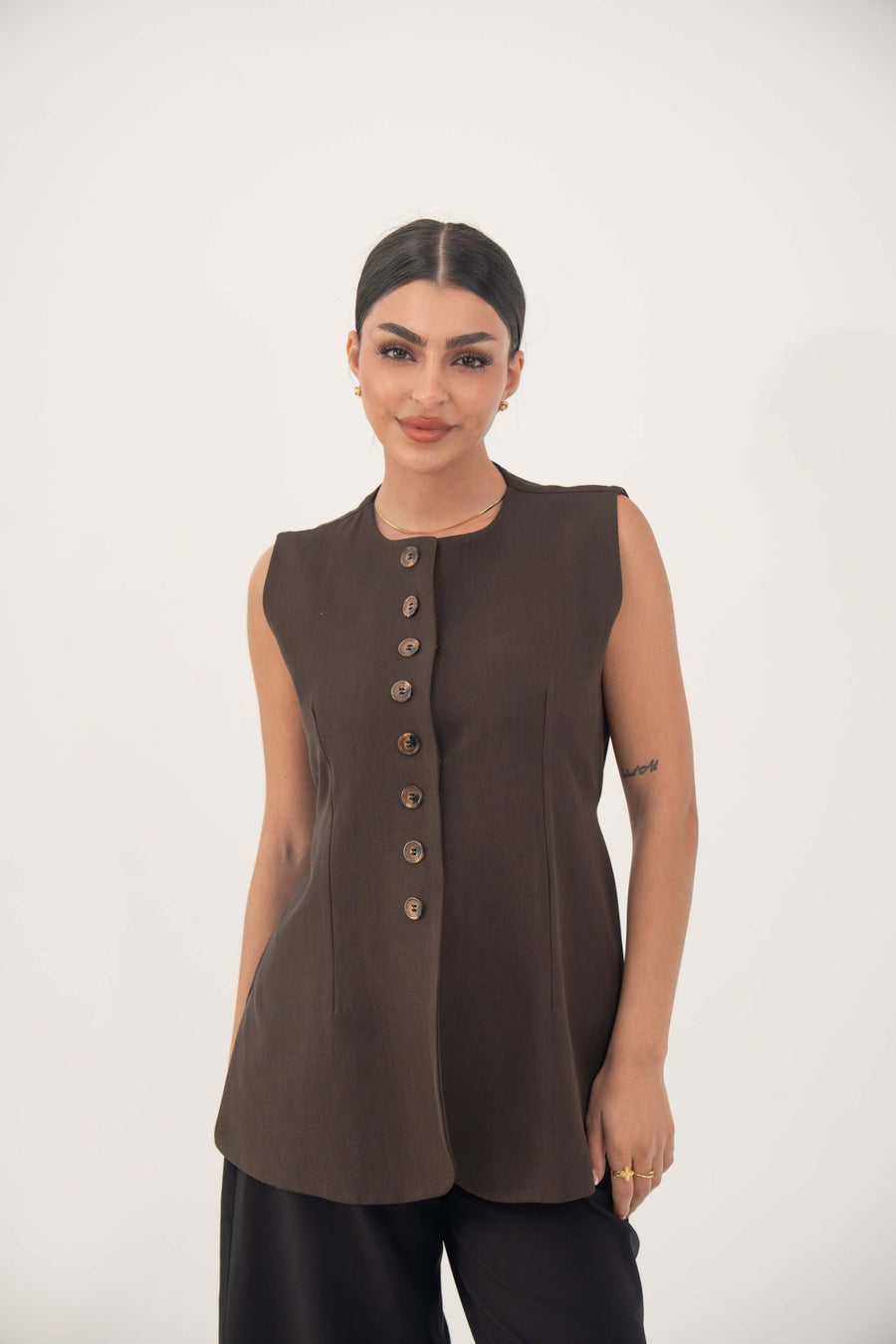 brown crepe sleeveless vest with nine front buttons and tailored modern fit