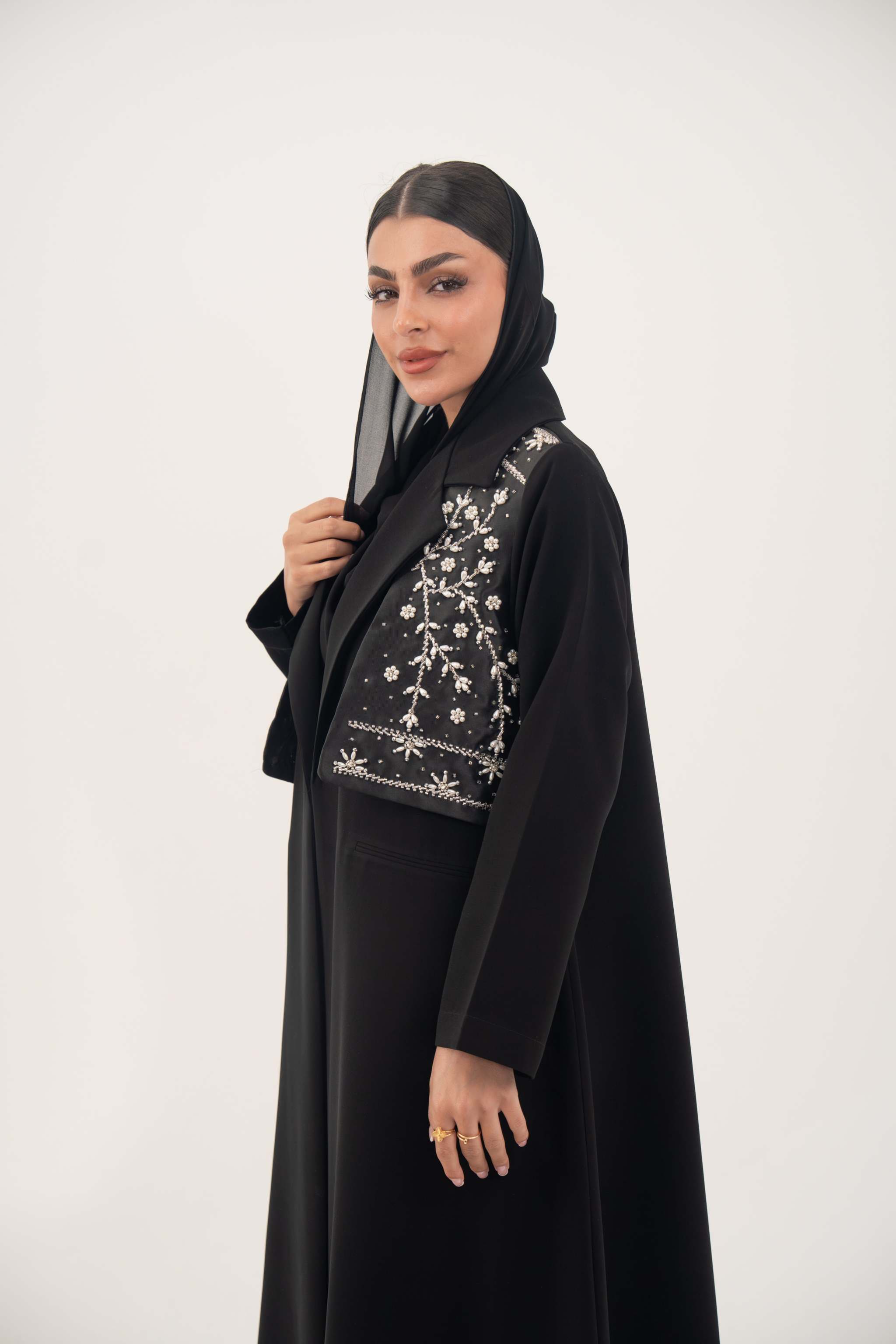 Black Layal blazer abaya with crepe body and satin vest layer for a modern, elegant look
