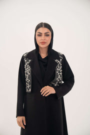 Black Layal blazer abaya with crepe fabric and satin vest layer featuring notched collar and structured shoulders