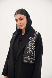black blazer abaya with satin embroidered vest and crepe fabric