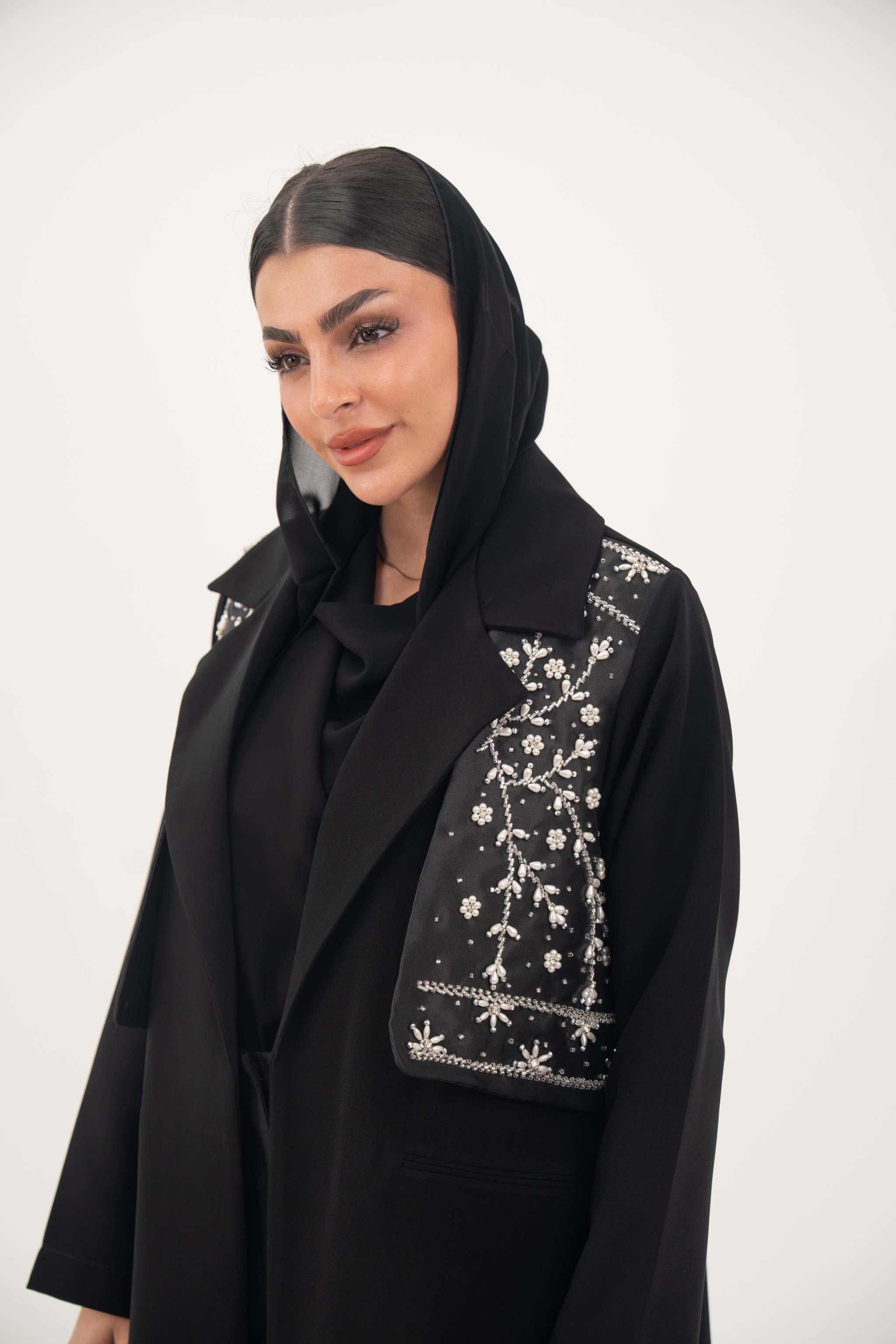 black blazer abaya with satin embroidered vest and crepe fabric