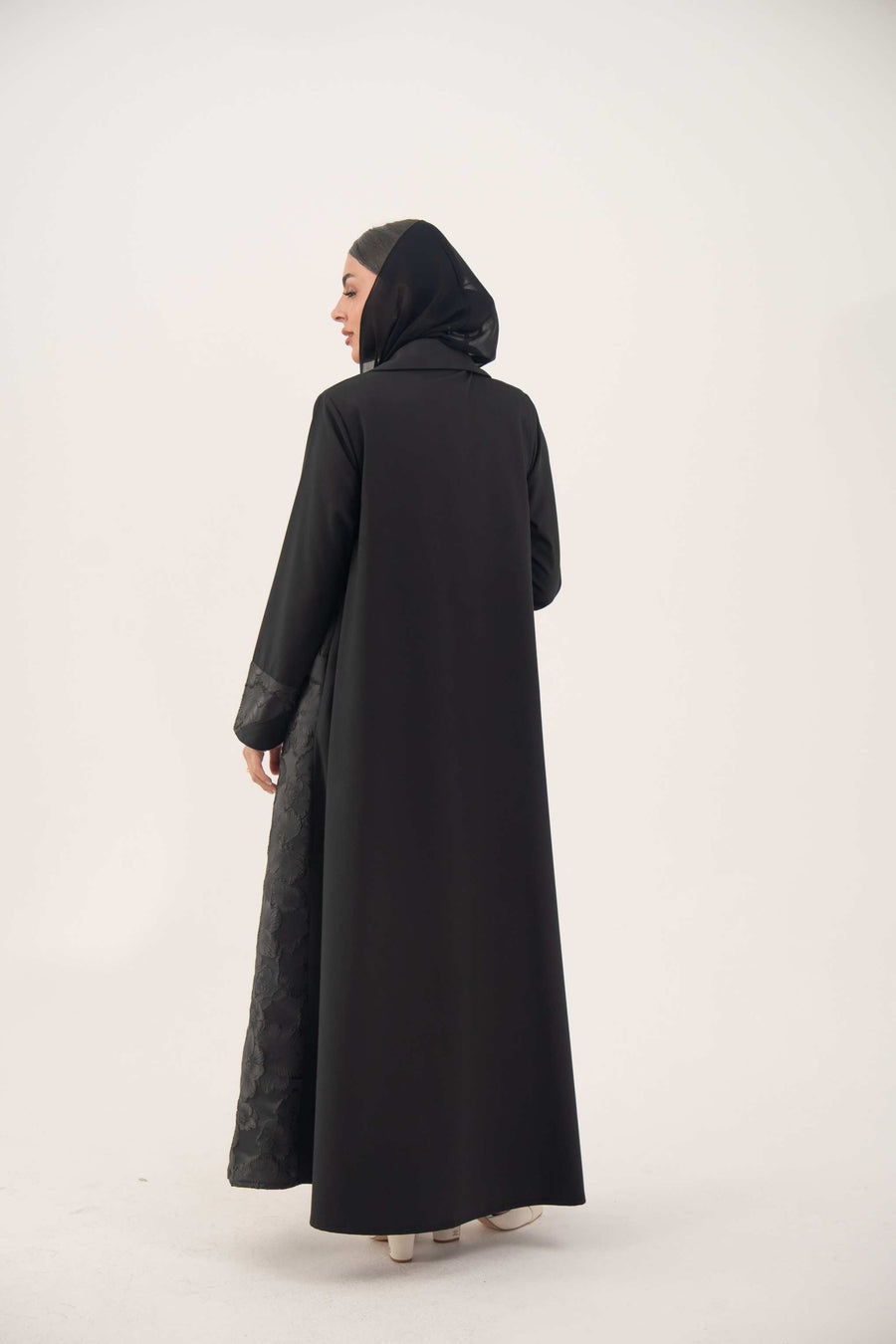 black jacquard blazer abaya with classic lapels and structured silhouette for formal occasions