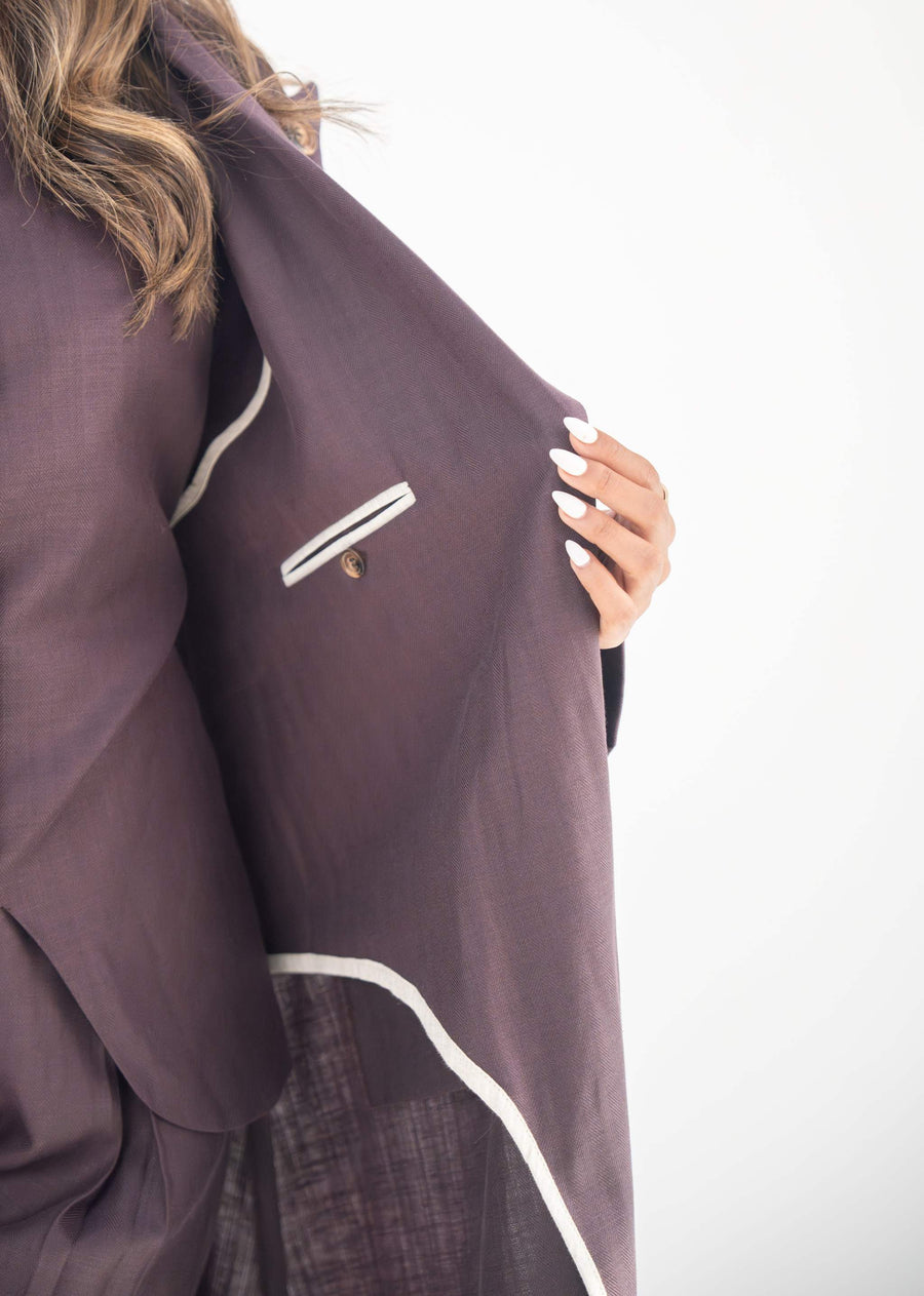 tailored blazer abaya in soft neutral twill linen blend with structured lapels and hidden inner pockets