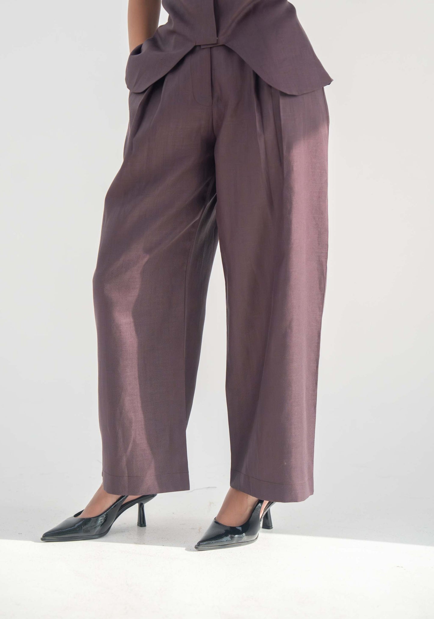 Women’s high-waisted ube purple-brown twill linen blend pants with a relaxed straight-leg fit