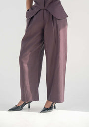 Women’s high-waisted ube purple-brown twill linen blend pants with a relaxed straight-leg fit