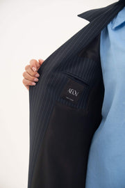 deep navy pinstripe crepe blend open-front blazer with wide lapel and inner pocket