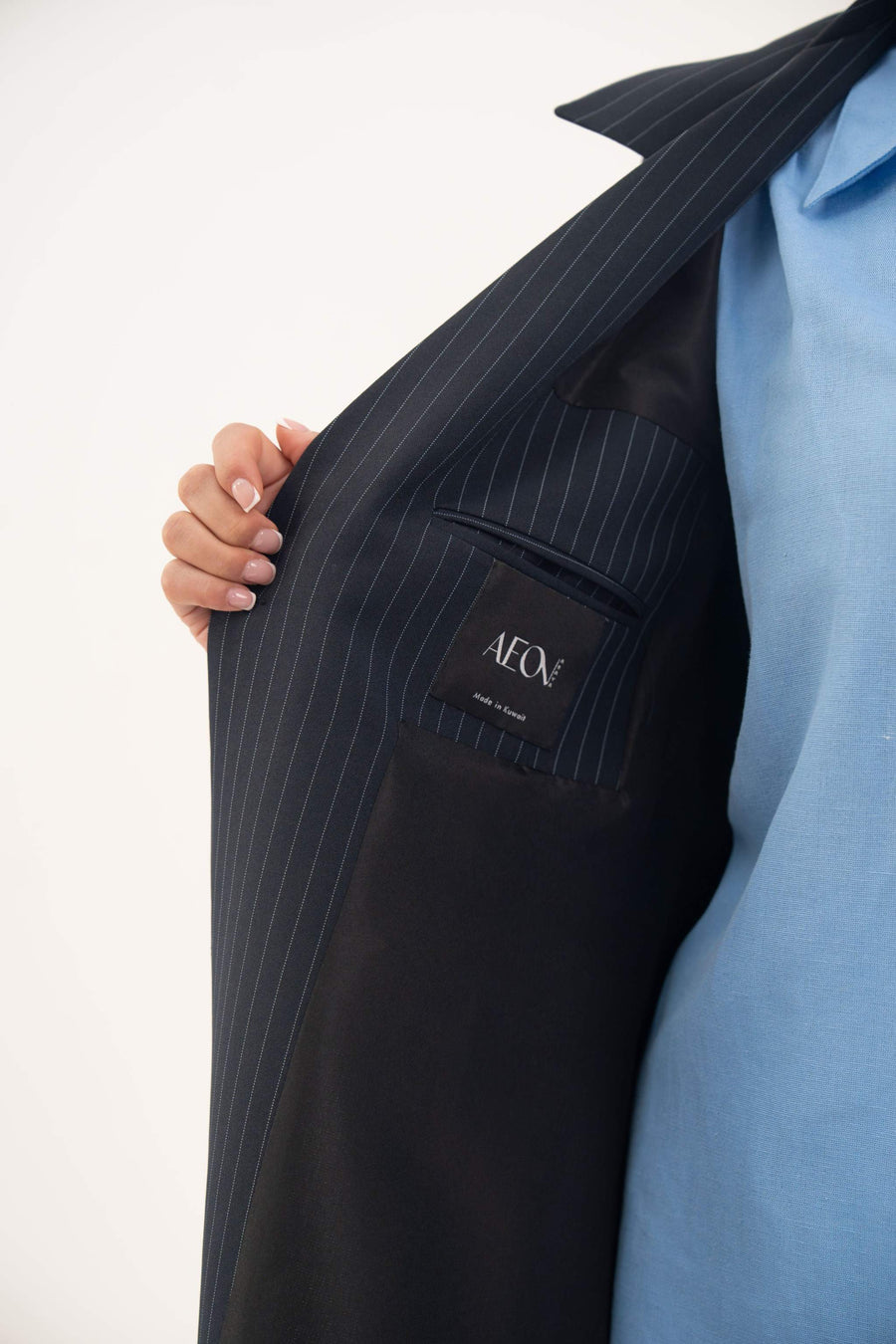 deep navy pinstripe crepe blend open-front blazer with wide lapel and inner pocket