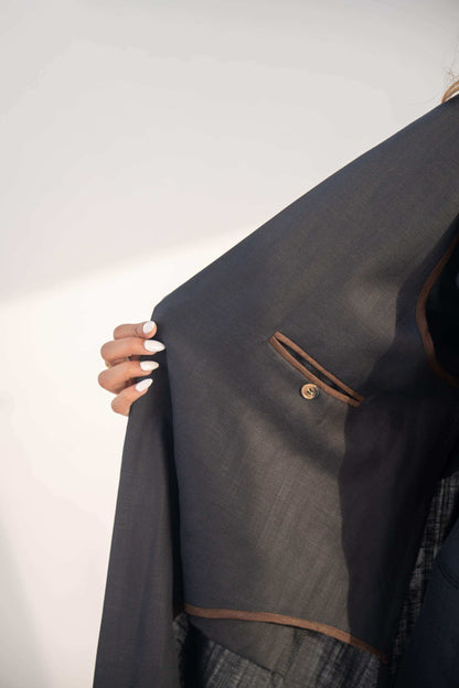 navy blue blazer abaya with double-breasted buttons and sharp lapel collar in twill linen blend
