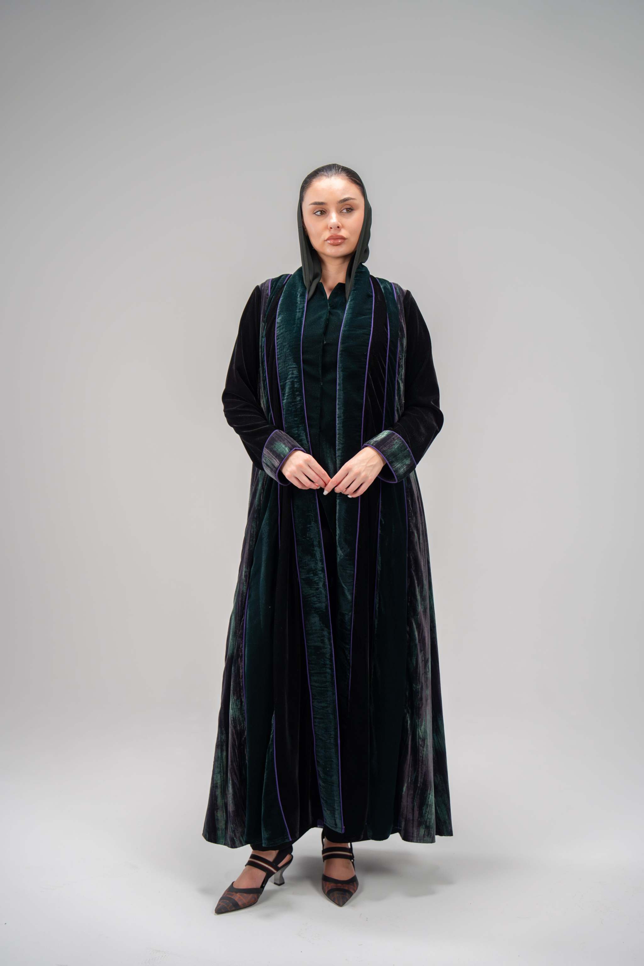 luxurious velvet abaya with elegant machine embroidery and sleek design