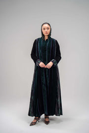 luxurious velvet abaya with elegant machine embroidery and sleek design