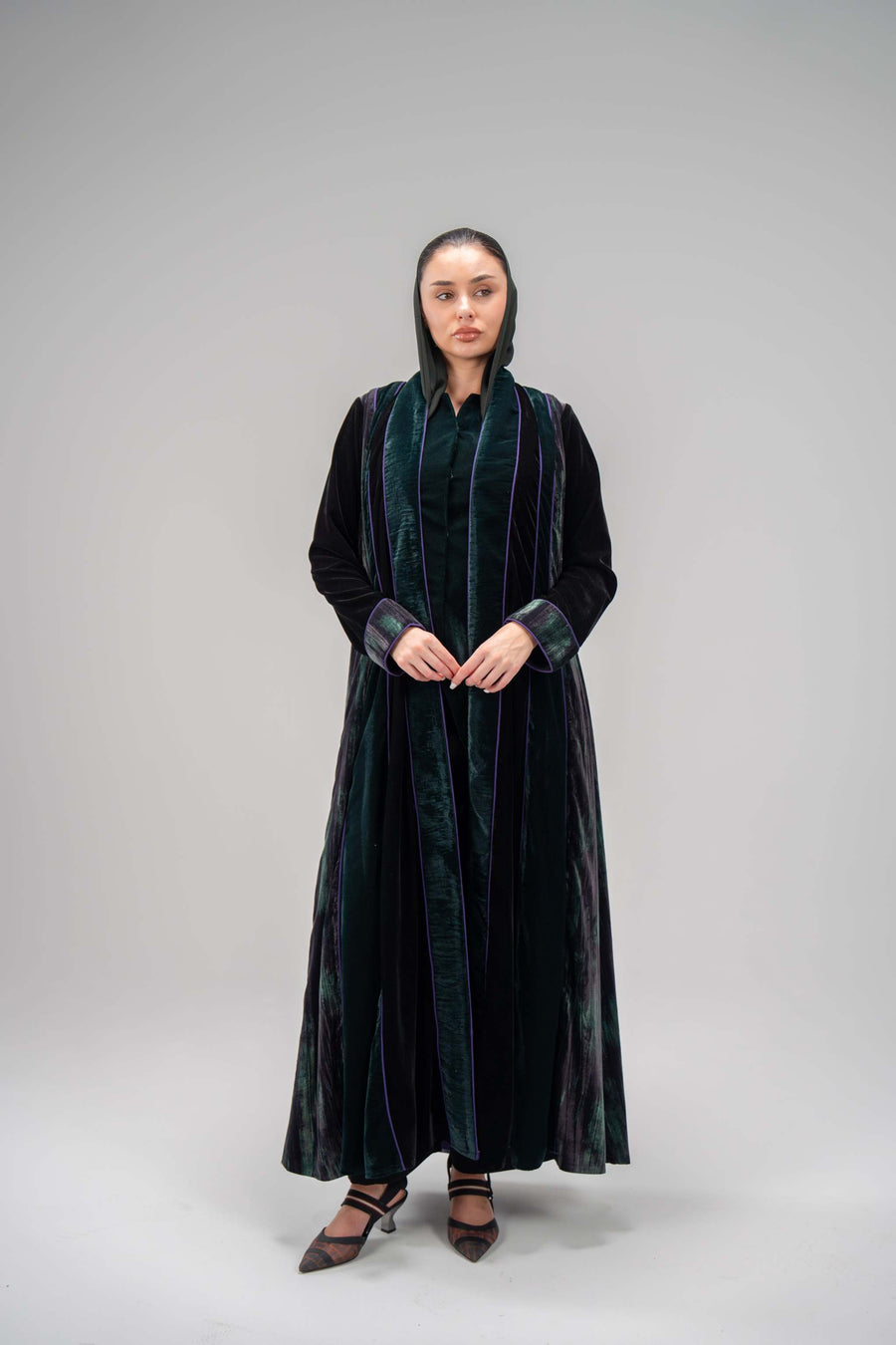 luxurious velvet abaya with elegant machine embroidery and sleek design