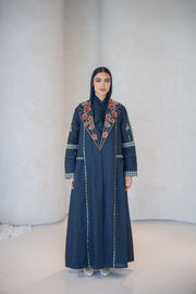 Navy blue breathable lightweight linen abaya with colorful floral hand-embroidery and structured notched lapel collar.
