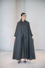 Charcoal gray blazer-style abaya in lightweight linen with pastel yellow cuff lining and side pocket.