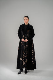 luxurious black velvet abaya with bronze floral patterned front panel on crepe