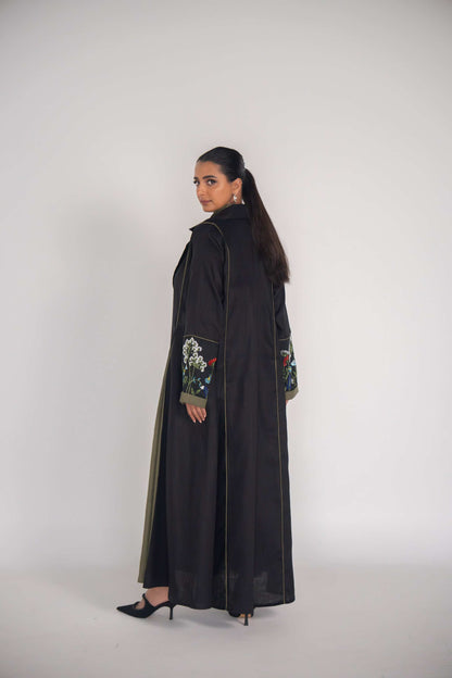 Elegant rayon abaya with embroidered sleeves and olive chiffon lining, designed for everyday and special occasions