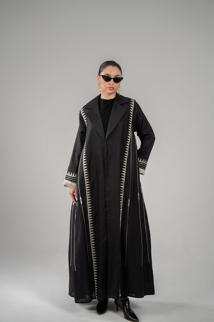 Dark Tiramisu linen abaya with machine embroidery and lightweight chiffon lining for elegant day-to-night wear