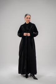 Elegant black abaya in rich velvet with hand embroidery on lapel and sleeves for special occasions