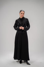 Black long dress with layering design featuring chiffon and patterned velvet top and smooth crepe bottom with hand embroidery.
