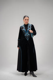 Elegant Solace Blue velvet and crepe abaya with blue embroidery and chiffon lining