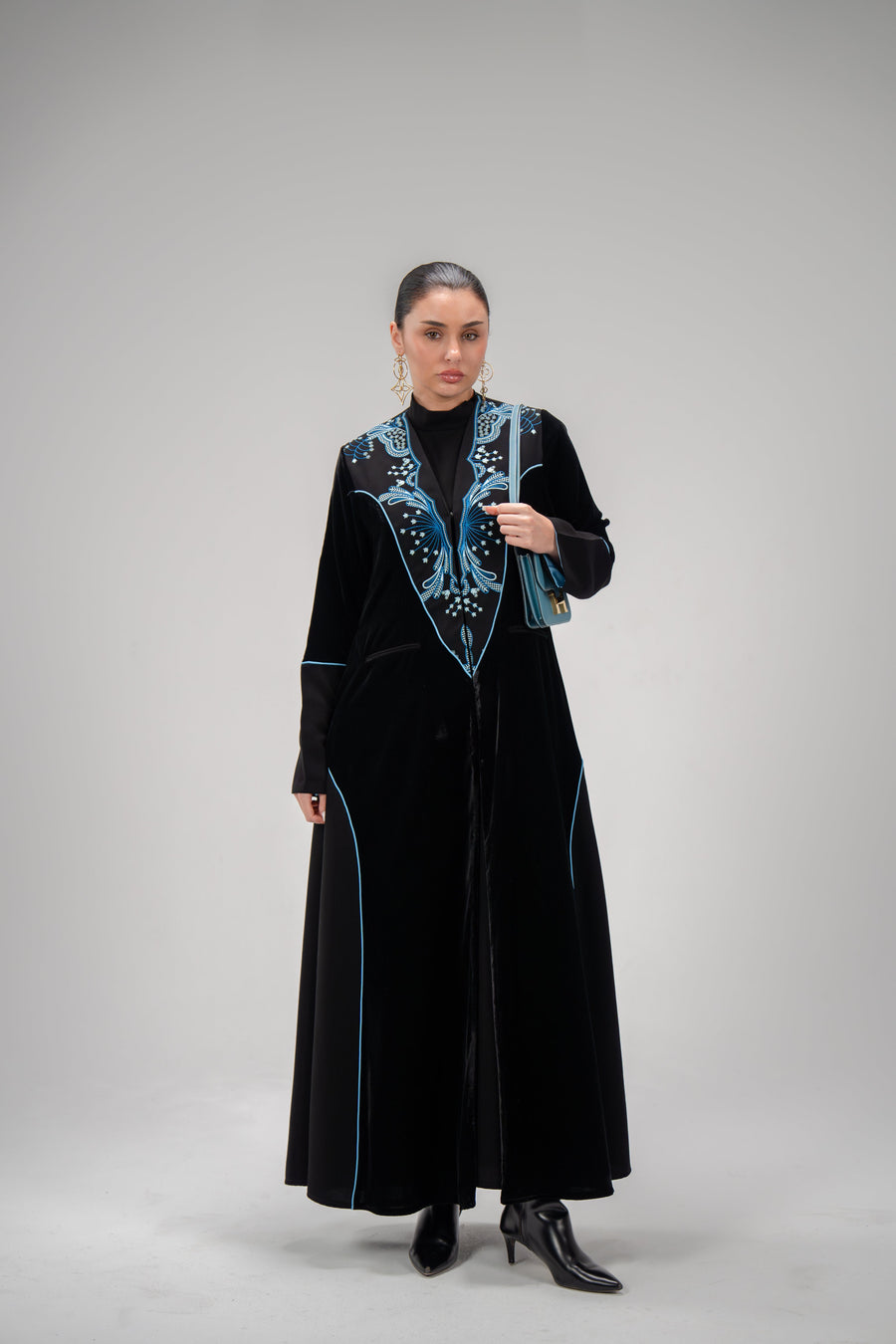 Elegant Solace Blue velvet and crepe abaya with blue embroidery and chiffon lining