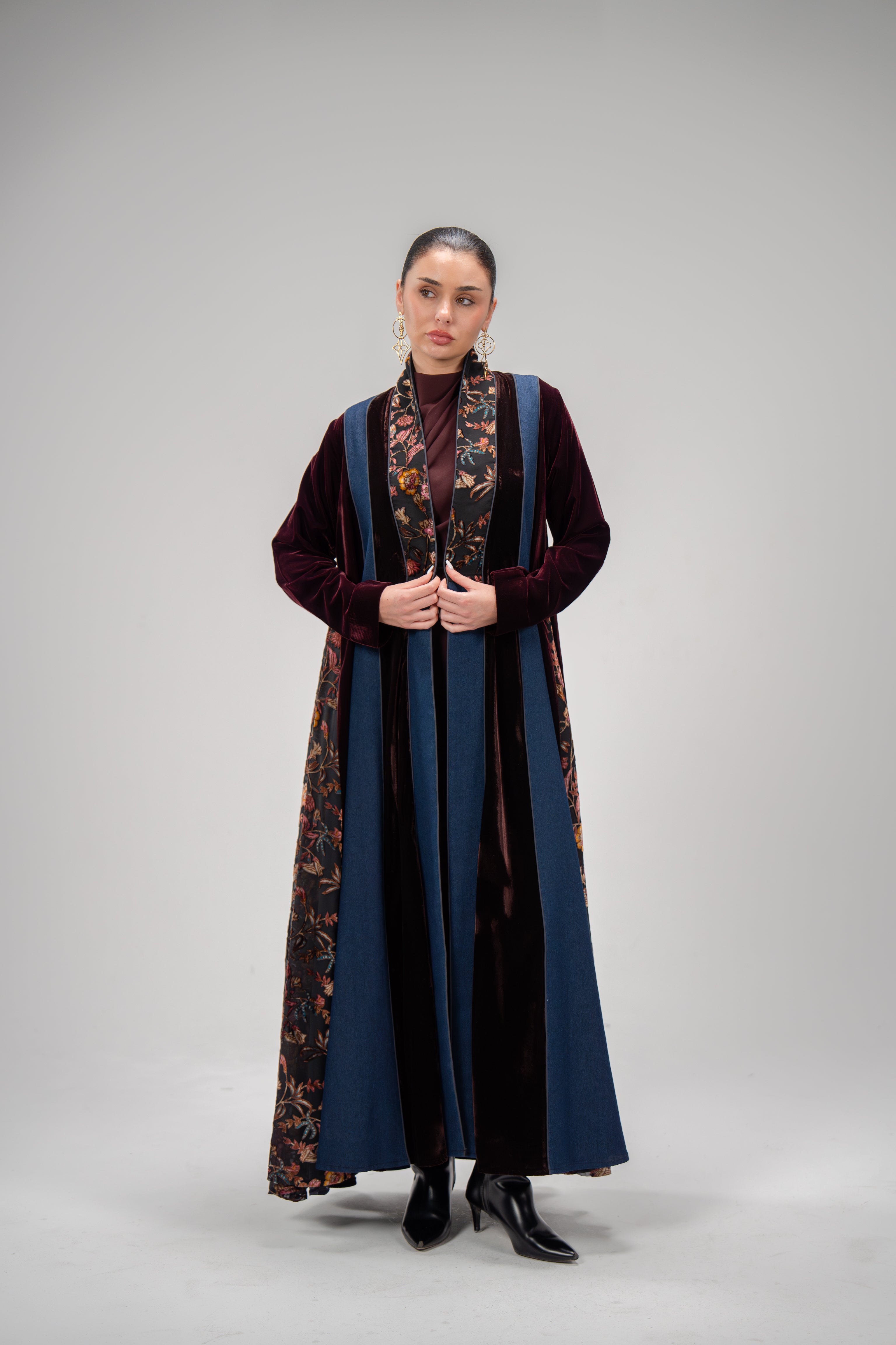 Winter Lily velvet and denim abaya with floral chiffon inset on model