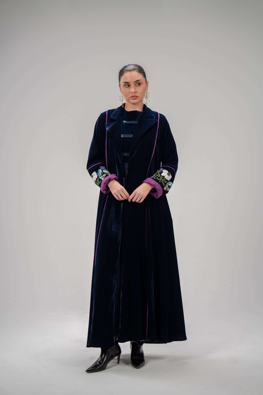 Velvet Blackberry velvet blazer-cut abaya with hand embroidery and chiffon lining for elegant evenings