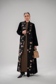 Elegant black velvet abaya with bronze floral patterned front panel on crepe for formal occasions