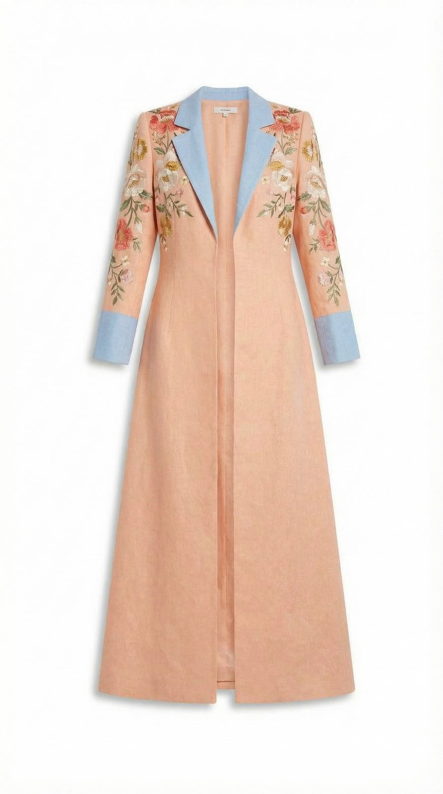 Long peach coat with floral sleeves and blue accents on a white background