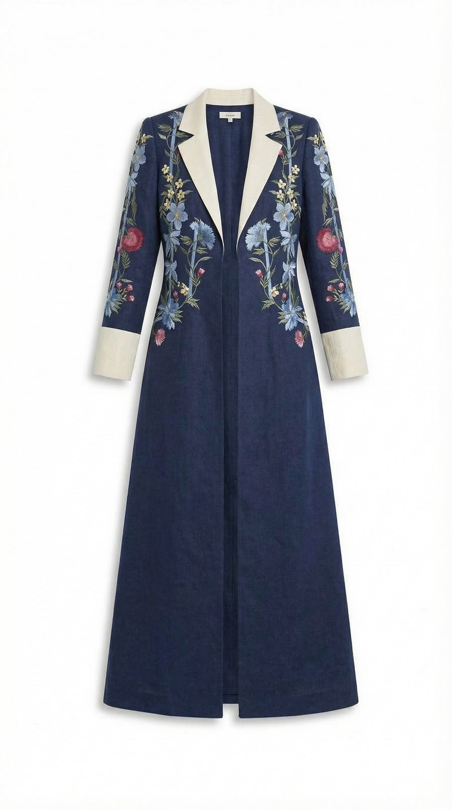 Navy blue coat with floral embroidery on a white background
