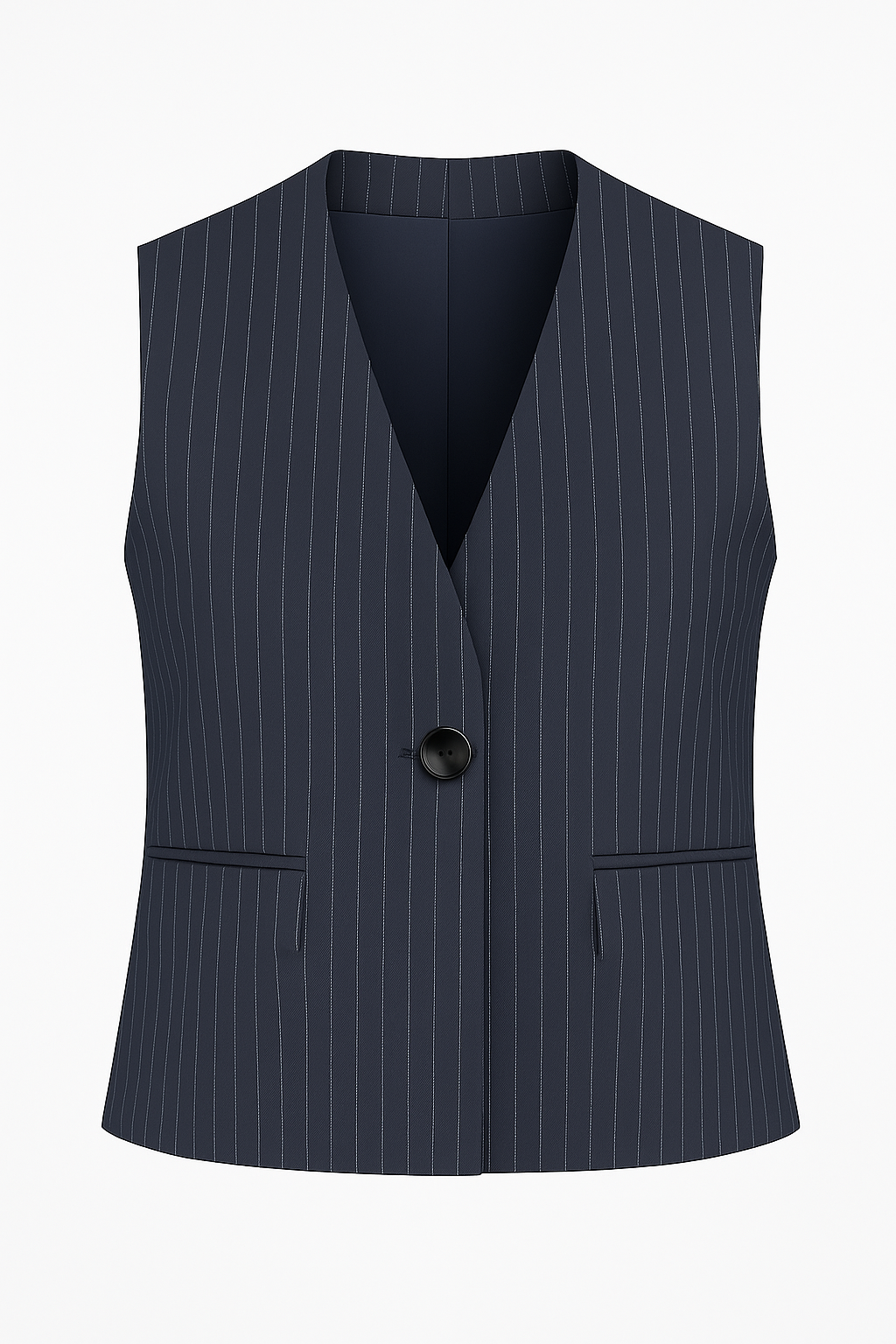 Charcoal pinstripe sleeveless waistcoat with deep V-neck, single button, and hidden welt pockets
