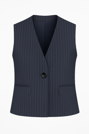 Charcoal pinstripe sleeveless waistcoat with deep V-neck, single button, and hidden welt pockets