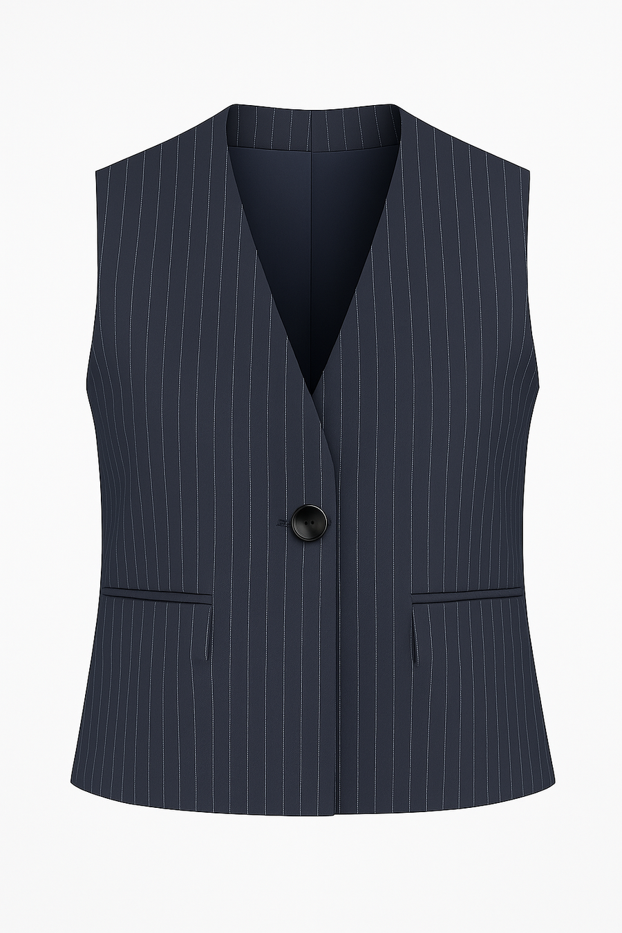 Charcoal pinstripe sleeveless waistcoat with deep V-neck, single button, and hidden welt pockets