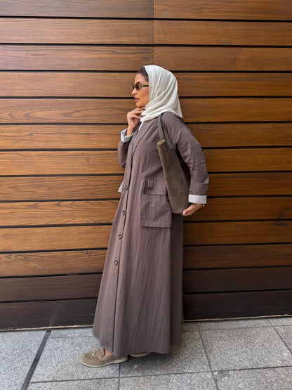 Taupe Button-Down Utility Abaya – Modern Elegance