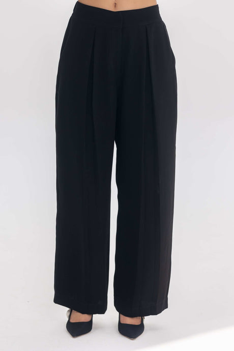 Black crepe wide-leg pants from the inner muse collection
